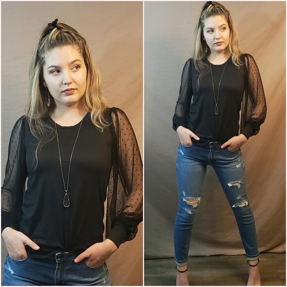 Black Sheer Balloon Sleeve Swiss Dot Soft Shirt - Picture 4 of 6